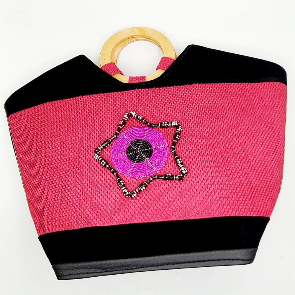 Pink & Black Leather Beaded Clutch Bag, Kenya